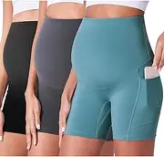 [POSHDIVAH] 3 Pack Maternity Biker Shorts Over The Belly Summer Comfy Pregnancy Yoga Active Workout Athletic Short Pants 5"/8"