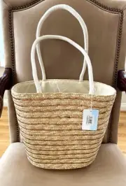 Bay Sky Large Straw Woven Sequined Stripes Pull Cord Top Basket Tote Bag NWT