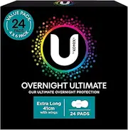 U By Kotex Extra Overnight Ultimate Pads with Wings 24 Count (4 x 6 Pack)