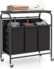 [Giantex] 3-Section Laundry Sorter Cart with Ironing Board, 99L Rolling Laundry Hamper with Lockable Wheels, Heavy-Duty Laundry Basket Organizer with 3 Removable Bags, Triple Laundry Separator, Black