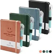 4 Pack Pocket Notebooks with 4 Black Pens, A6 Mini Leather Lined Journal Notebooks, Cute Smiley Diary Small Notepad with Pen Holder for Office School Supplies