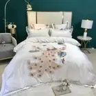 Flower Embroidery Bedding Sets 4pcs Satin Cotton Duvet Cover Fitted Bed Sheet