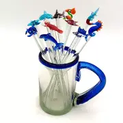 Mexican Blown Glass Barware Stir Swizzle Sticks Sealife Coastal Set Blue