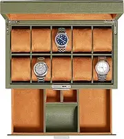 ROTHWELL 10-Slot Watch Box in Leather with Valet Drawer, Luxury Watch Case Display Organizer with Ultra Soft Microsuede Liner, Jewelry and Sunglass Holder With Large Glass top (Green/Tan)
