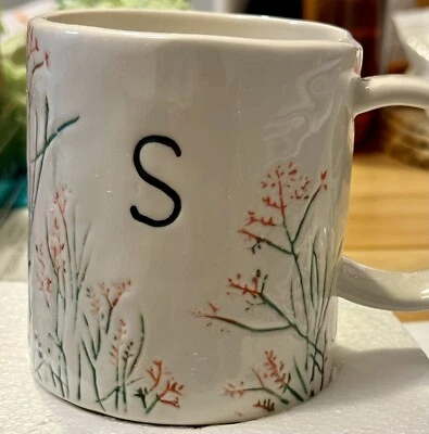 ANTHROPOLOGIE DAGNY Initial "S" Monogram Mug BOTANICAL STONEWARE Hand Painted