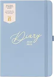 Busy B Mid Year 17 Month Diary August 2024 - December 2025. Blue Faux Leather Academic Diary 2024-2025 A5 Week to View Planner with Pen Holder, Elastic Closure and Storage Pockets