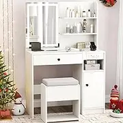 Giantex Vanity Desk with Mirror & Lights, Makeup Dressing Table w/Cushioned Storage Stool & Power Outlets, Modern Vanity Set w/3 Lighting Modes, Drawer, Cabinet & Adjustable Shelf for Bedroom