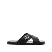 [Gucci] Gucci Cross-strap Leather Slides 8.5 US BLACK