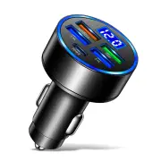 150W 5-Port USB PD Car Charger Adapter 4USB-A+1Type-C PD QC3.0 Fast Charging with Blue LED for iPhone 12 13 14 14 Pro 14