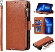 Cavor for iPhone 14 Pro Max Case,PU Leather Zip Pocket Wallet Flip Cover Case Magnetic Closure Book Design with Kickstand Feature & Card Slots Compatible with iPhone 14 Pro Max(6.7")-Brown