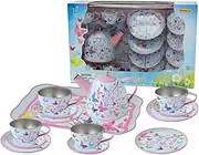 Kaper Kidz - CH41128- 15 Piece Pink Blossom Butterfly Tin Tea Set Watercolour-Inspired Design with Rolled Edges for Safety â€“ Pretend Play Set for Kids