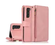 For Samsung Galaxy S21 FE Case, Leather Zipper Purse Flip Cover Case with Card Slot Holder Wrist Strap Lanyard (Pink)