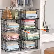 [JKsmart] 4-Tier Stackable Closet Organizers - Drawer Storage Shelves - Sliding Storage Bins for Jeans, Pants, Sweaters - Wardrobe Cupboard Organizer - Black Steel Frame