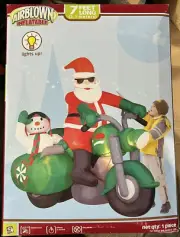 Gemmy 7' RARE Christmas Airblown Santa Riding Motorcycle with Snowman Inflatable