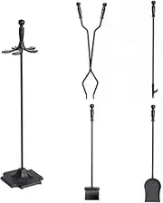 AIMALL 5-Piece Fireplace Tool Set with Stand - 31.5-inch Heavy-Duty Iron Fire Place Tools Set Including Poker, Brush, Shovel, Tongs - Ergonomic Handles, Stable Base for Indoor/Outdoor Use