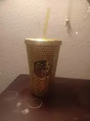 Starbucks 16oz Grande Tumbler Cold Cup with Straw Gold Diamond Studded