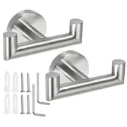 2pcs Double Towel Hook, Stainless Steel Coat Hook, Robe Hooks Brushed Silver