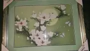 Asian Oriental Needlepoint Needlework FLORAL BLOSSOMS Framed Decor 19"