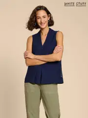White Stuff Blue Celia Jersey Mix Sleeveless Blouse (H12032) | $104