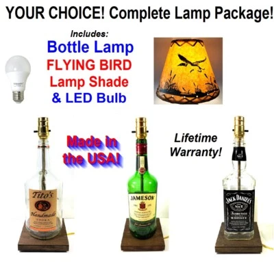 YOUR CHOICE Liquor Bar Bottle Table LAMP w/ FLYING BIRD Shade & LED Light Bulb