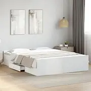 White Bed Frame with Storage Drawer, Wooden Slats Base, Sturdy Bedroom Furniture, Queen Size, Loft Bedframe, Platform Bed 150x200 cm