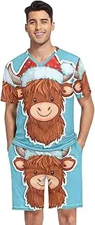 [GAIREG] Men's Short Sleeve Pajama Sets Soft Casual Pajamas with Pockets S-XXL, Cute Highland Cattle Christmas, Large