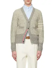 Thom Browne 4-Bar Mélange-Effect Button-Up Cardigan 1,2,3,4 light gray