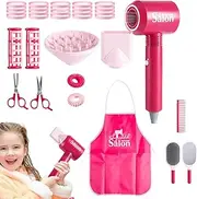 Kids Salon Playset - Toddler Dress Up Beauty Hair Stylist Kit - Beauty Play Hair Styling Kit with Blow Dryer, Play House Makeup Toys Set Accessories Girls Toys for 3-9 Year Old