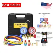 Brass 3-Way HVAC Gauges - AC Diagnostic Manifold Set with 4FT Hoses & Adapters