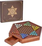 lehom Wooden Chinese Checkers Set with Storage Drawer, 12.5in Wood Chinese Checkers with 60 Colored Marbles, Classic Strategy Family Board Game