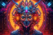 Neo Shaman UV tapestry, Blacklight Reactive, Psychedelic Wall Hanging Trippy Art