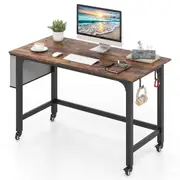 Costway 1.2m Mobile Computer Desk Home Office Desk Writing Study Desk w/Hooks/Side Bag Gaming Workstation Brown
