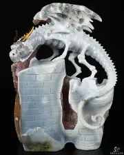 7.9" Agate Amethyst Geode Carved Crystal Western Dragon & Castle, Healing