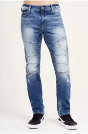 True Religion Men's Geno Biker Moto Distressed Slim Jeans With Rips in Size 40