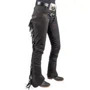 Cowboy Black Suede Fringe Chaps For Mens With Belt Waist Size 36-38''