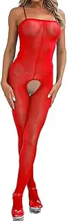 [FiwoXam] Women's Bodysuits Pantyhose Bodystocking Ultra Shimmery Stretch Toe to Bust Crotchless Body Stocking Lingerie, Red, One size