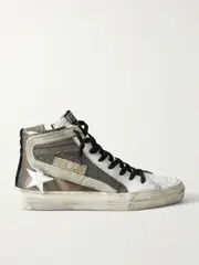 [Golden Goose] Golden Goose - Slide Distressed Suede-trimmed Leather And Lurex High-top Sneakers - Gray - IT39 IT 39 Gray