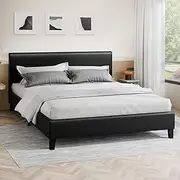 ALFORDSON Bed Frame Bed Base Double Size, Mattress Platform with Wooden Slats & Adhesive Velcro Strips, Mattress Foundation 320kg Capacity, PU Leather Black