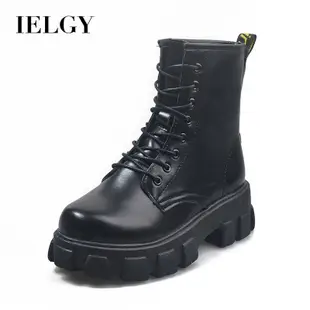 IELGY PU靴子歐美時尚女鞋前繫帶交叉綁帶短筒粗跟防水厚底閃亮面中跟靴馬丁靴