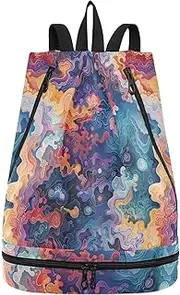 Yoogain Abstract Oceans Clouds Colorful Drawstring gym bag beach string backpack with Wet Dry Compartments, Abstract Oceans Clouds Colorful, 1 size