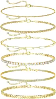 Gold Plated Anklets Set - Dainty Cuban Link Chain Herringbone Anklets Pack