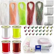 FREE FISHER 58Pcs Fly Tying Material Kit Flashabou Brass Dumbbell Eyes Thread Hooks for Starter DIY Fly Tying Tools Kit