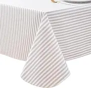 LIBERECOO 60" Round Vinyl Tablecloth with Flannel Backing, Gray Stripe Waterproof Tablecloths Picnic Table Cover Plastic Overlocked Table Cloth for Indoor & Outdoor