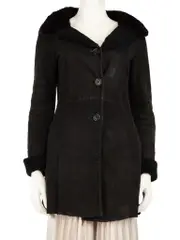 Black Suede Mink Fur Trim Shearling Coat
