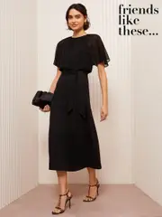Friends Like These Black Scuba Chiffon Flutter Sleeve Midi Dress (H23954) | $106