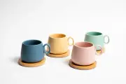 Set Of 4 Coffe/Tea Cup With Bamboo Coasters Lovey Trendy Assorted Colors 250ml