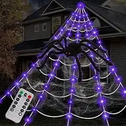 Spider Web Halloween Decorations Outdoor Lights, 125 Purple LED Light Up 16.4Ft Giant Spiderweb & 6.5Ft Large Spider & 22 Small Spiders & 20g Stretch Cobweb, 8 Modes Lighted Decor for Yard Outside