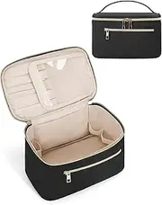 [Wandering Nature] Makeup Bag, Travel Make Up Organizer Cosmetic Brush Bags Case for Women in Eco Vegan Leather, Black Quilted Fabric, Medium, Stylish