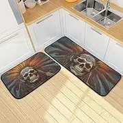 XYMZR Kitchen Mat Indian Chief Skull Feather for Floor, 2 Piece, Non Slip Washable Kitchen Rugs for Kitchen & Home Decor, Sink, Bathroom 19.7” x 27.6” + 19.7” + 47.2”