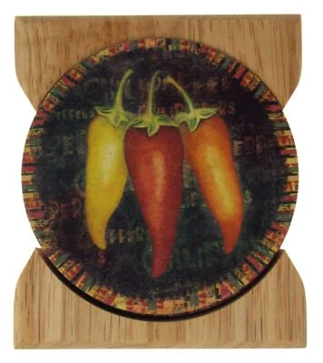 Counter Art Red Yellow Orange Peppers Round Stone Coasters Set 4 Wooden Holder